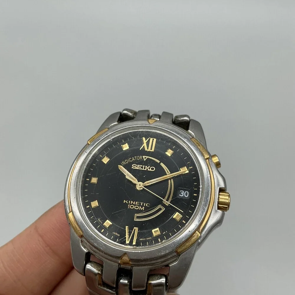 Seiko Kinetic Mens Watch 37mm Black Dial 5M62-0AE0 Date New Capacitor 6.75